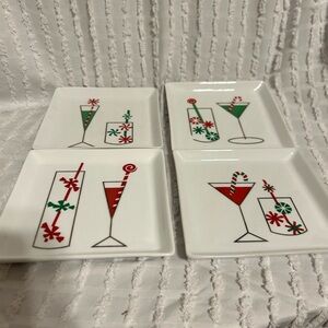 Crate & Barrel “Christmas Cocktails” Square Plates Set of 4